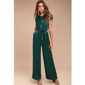 LULUS FOREST GREEN SATIN WIDE-LEG JUMPSUIT - Small